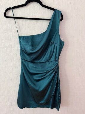 Luna One Shoulder Satin Mini Dress Teal Ruched Cocktail NWOT Style Size S